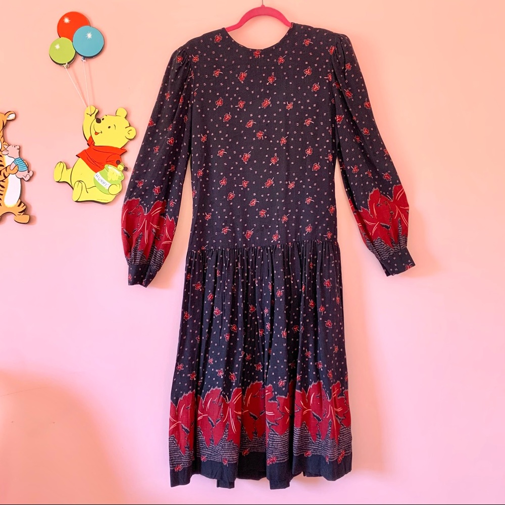 vintage 80s autumn black burgundy fall leaf cottagecore balloon sleeve dress